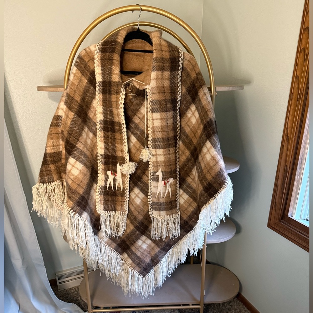 Brown and tan wool fringe handmade poncho